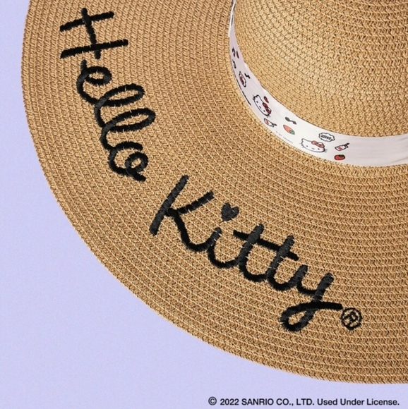 Hello Kitty Boho Wide Brim Floppy Straw Sun Hat Logo Ribbon Bow BRAND NEW - Picture 9 of 10